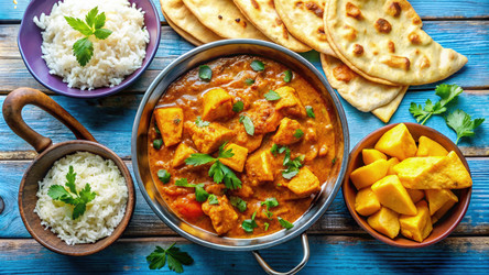 Острое индийское куриное карри Дхансак, подается с рисом, нааном и салатом из манго. Генеративный искусственный интеллект - RomanZ