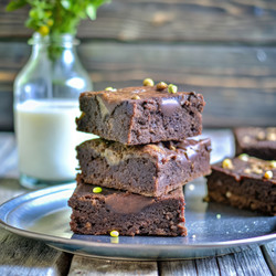 Вкусные домашние брауни, сложенные стопкой на тарелке, на фоне молока. Генеративный ИИ - RomanZ