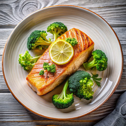 Вкусный стейк из лосося, подаваемый со свежей брокколи и ломтиком лимона на тарелке. Генеративный искусственный интеллект - RomanZ
