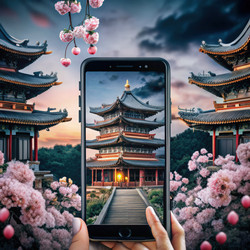 Фотография безмятежного храма во время празднования Нового года по лунному календарю на фоне ярких пейзажей. Генеративный искусственный интеллект - RomanZ