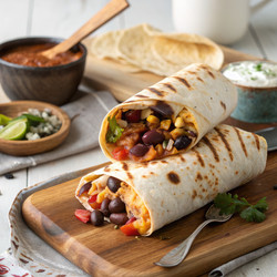 Вкусные буррито с черной фасолью и свежими ингредиентами на деревянном подносе. Генеративный ИИ - RomanZ