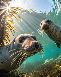 Подводные тюлени исследуют залитый солнцем лес водорослей в яркой морской среде. Генеративный искусственный интеллект - RomanZ