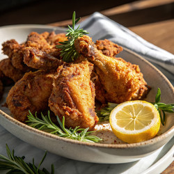 Хрустящая жареная курица, политая свежим лимоном и украшенная зеленью. Генеративный искусственный интеллект - RomanZ