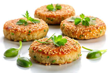 Вкусные котлеты из лосося с кунжутом и васаби, элегантно разложенные на чистой поверхности. Генеративный искусственный интеллект - RomanZ