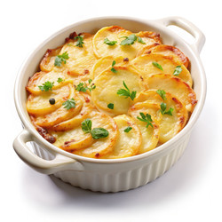Вкусный картофельный гратен, поданный в белой посуде на чистом фоне. Генеративный ИИ - RomanZ