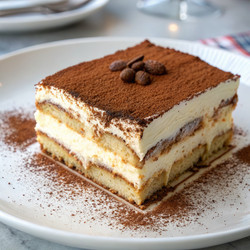 Delicious Tiramisu Dessert With Cocoa Powder and Layered Texture in a Café Setting. Generative AI - RomanZ