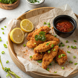 Хрустящие золотистые куриные крылышки, подаются с лимоном и соусом. Генеративный искусственный интеллект - RomanZ