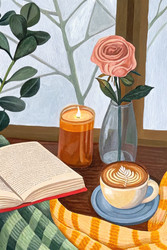 Уютный уголок для чтения с открытой книгой, свечой и чашкой кофе. Генеративный ИИ - RomanZ