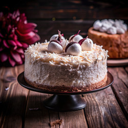 Вкусные сливочные кокосовые кексы, выставленные на деревянном столе в окружении цветов. Генеративный ИИ - RomanZ