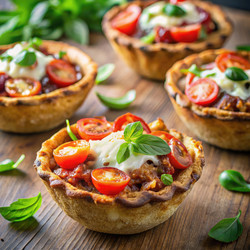 Вкусная низкоуглеводная пицца в мисках из свежих ингредиентов на деревянном столе. Генеративный искусственный интеллект - RomanZ
