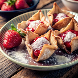 Вкусные жареные во фритюре вонтоны с клубничным чизкейком, подаваемые на тарелке. Генеративный искусственный интеллект - RomanZ