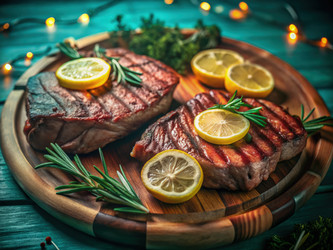 Сочные стейки на гриле, украшенные лимоном и свежей зеленью, подаются на деревянном блюде. Генеративный искусственный интеллект - RomanZ