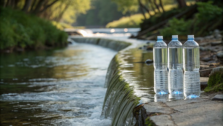 Прозрачные бутылки с водой, выстроенные в ряд у текущего ручья на природе. Генеративный искусственный интеллект - RomanZ