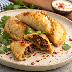 Вкусные эмпанады с говядиной и сыром, подаваемые со свежей зеленью и специями. Генеративный искусственный интеллект - RomanZ