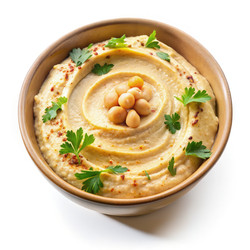 Вкусный хумус, подаваемый в деревянной миске с гарниром и нутом. Генеративный искусственный интеллект - RomanZ