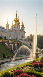 Золотой замок, сверкающий на солнце, с ярким фонтаном. Генеративный ИИ - RomanZ