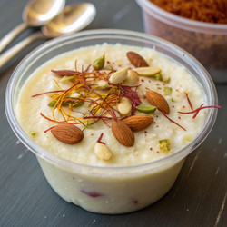 Вкусная фирни, подаваемая в небольшой пластиковой миске с орехами и шафраном. Генеративный искусственный интеллект - RomanZ
