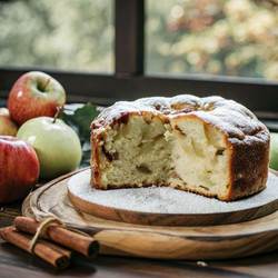 Вкусный яблочный кекс на деревянной доске, рядом свежие яблоки. Генеративный ИИ - RomanZ