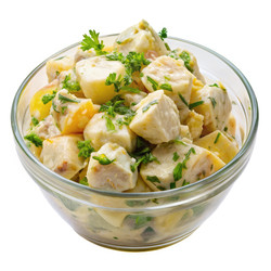 Картофель, смешанный с овощами и зеленью, в прозрачной миске на белом фоне. Генеративный искусственный интеллект - RomanZ