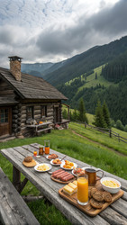 Живописный завтрак на свежем воздухе рядом с уютным домиком в горах. Генеративный искусственный интеллект - RomanZ