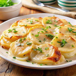 Вкуснейший картофель гратен с сыром, поданный на белой тарелке, идеально подходит для семейного ужина. Генеративный искусственный интеллект - RomanZ