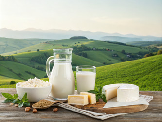 Свежие молочные продукты, выставленные на деревянном столе в безмятежной сельской обстановке. Генеративный искусственный интеллект - RomanZ