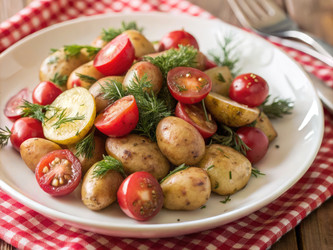 Запеченный молодой картофель с помидорами черри и свежей зеленью на тарелке. Генеративный искусственный интеллект - RomanZ