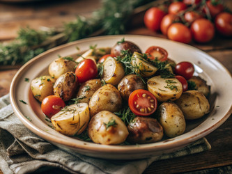 Вкусный запеченный молодой картофель с помидорами черри и зеленью на деревенском столе. Генеративный ИИ - RomanZ