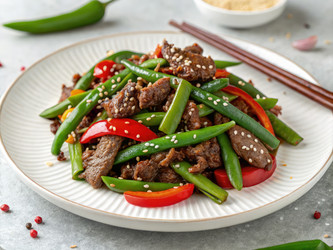 Вкусное жареное говяжье фарш с зеленой фасолью и болгарским перцем, подается в элегантном исполнении. Генеративный искусственный интеллект - RomanZ