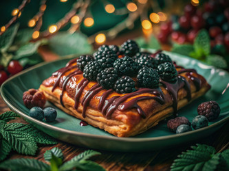 Вкусное слоеное тесто с ежевикой, политое шоколадной глазурью, на тарелке. Генеративный искусственный интеллект - RomanZ