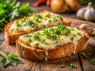 Поджаренный хлеб с расплавленным сыром и свежей зеленью на деревенском деревянном столе. Генеративный искусственный интеллект - RomanZ