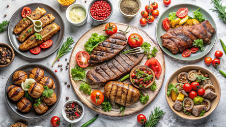 Блюда из мяса, приготовленного на гриле, красиво оформлены на тарелках для восхитительного пиршества. Генеративный искусственный интеллект - RomanZ