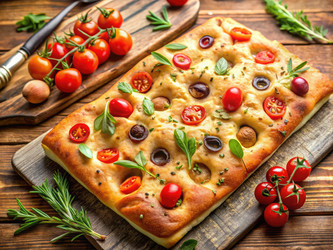 Вкусная фокачча с помидорами черри на деревянном столе. Генеративный ИИ - RomanZ