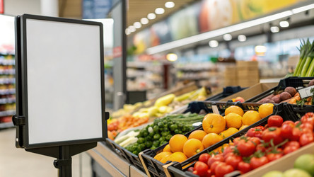 Витрина со свежими продуктами в супермаркете с пустым ценником, готовым к обновлению. Генеративный ИИ - RomanZ