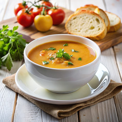 Вкусный суп, поданный в белой миске из свежих ингредиентов на деревянном столе. Генеративный искусственный интеллект - RomanZ