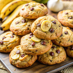 Вкусные банановые печенья, выложенные горкой на деревянном блюде. Генеративный искусственный интеллект - RomanZ