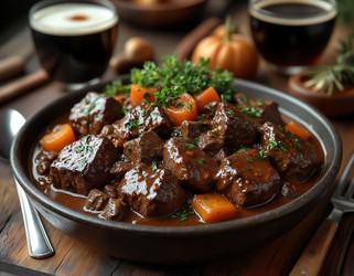 Фламандское тушеное мясо с темным пивом — сытное мясное рагу в глиняном горшке крупным планом - Kulkann75