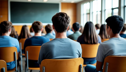 Студенты колледжа учатся за партами во время уроков, занятий с преподавателем или презентаций, посвященных организованному обучению, учебе или подготовке к экзаменам - Kulkann75