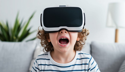Ребенок в VR-очках, выражающий восторг, восторженный ребенок, познающий виртуальную реальность для игр, технологий или концепций будущего - Kulkann75