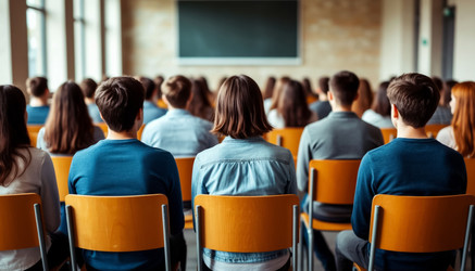 Студенты колледжа учатся за партами во время уроков, занятий с преподавателем или презентаций, посвященных организованному обучению, учебе или подготовке к экзаменам - Kulkann75