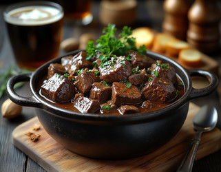 Фламандское тушеное мясо с темным пивом — сытное мясное рагу в глиняном горшке крупным планом - Kulkann75
