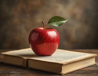 Красное яблоко на открытой книге, винтажный фон в стиле гранж, деревенский натюрморт для образовательных целей - Kulkann75