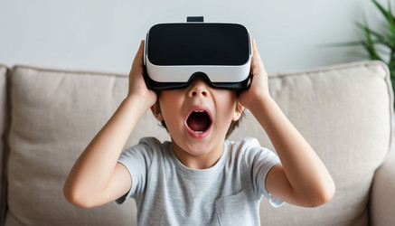 Ребенок в VR-очках, выражающий восторг, восторженный ребенок, познающий виртуальную реальность для игр, технологий или концепций будущего - Kulkann75