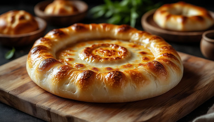 Традиционные хачапури с сырной начинкой, золотой корочкой и маслом на деревянной доске - Kulkann75