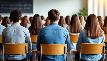 Студенты колледжа учатся за партами во время уроков, занятий с преподавателем или презентаций, посвященных организованному обучению, учебе или подготовке к экзаменам - Kulkann75