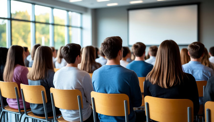 Студенты колледжа учатся за партами во время уроков, занятий с преподавателем или презентаций, посвященных организованному обучению, учебе или подготовке к экзаменам - Kulkann75