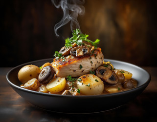 Горячее мясное рагу в миске на деревянном столе, поднимающийся пар, сытный ужин большого размера - Kulkann75