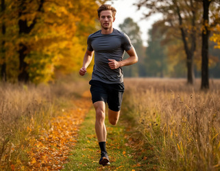 Shirtless Sporty Man Sprinting Through Autumn Woods – Outdoor Athletic Training, Healthy Lifestyle and Nature Running - Kulkann75