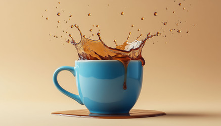 Tea splash from blue ceramic mug on pastel beige background – dynamic drink action shot - Kulkann75