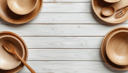 Wooden Eco Friendly Dishes on White Table – Natural Kitchenware, Sustainable Bamboo Plates and Bowls - Kulkann75